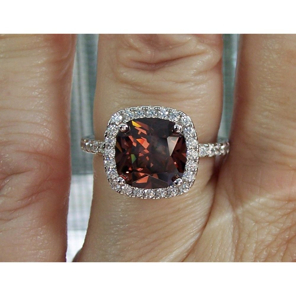 925 STERLING SILVER Cushion Cut Chocolate CZ Halo Ring - Picture 11 of 16